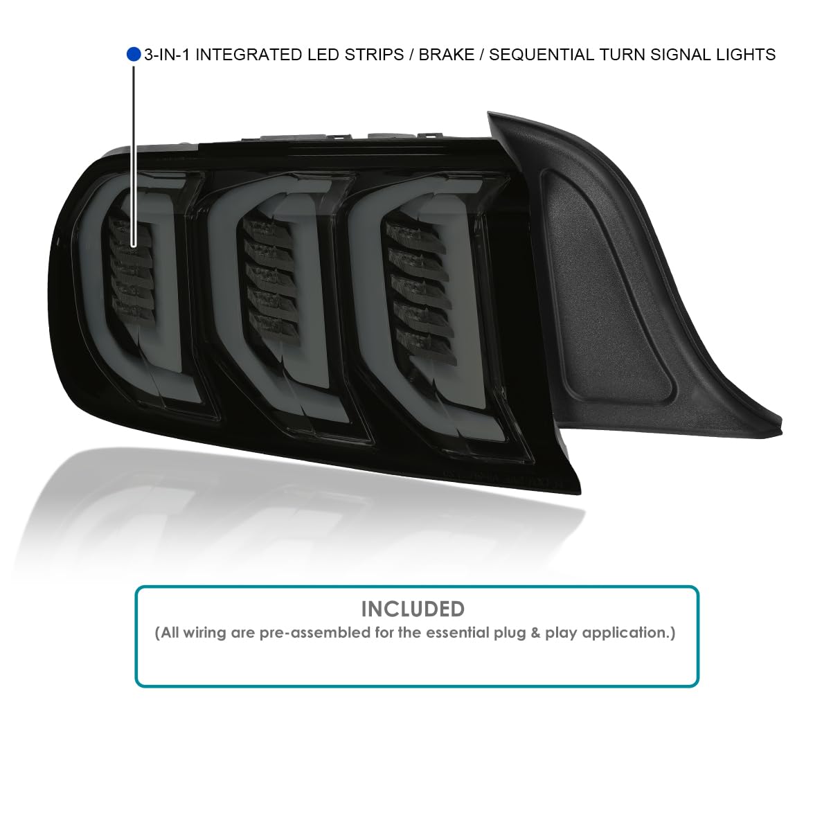 Full LED SPEC-D TUNING Glossy Black Smoke Tail Lights with Sequential Turn Signals Compatible with 2015-2023 Ford Mustang Coupe/Convertible, Left + Right Pair Assembly