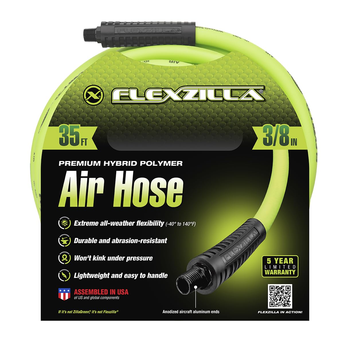Air Hose Flexzilla, 3/8 in. x 35 ft., 1/4 in. MNPT Fittings, Heavy Duty, Lightweight, Hybrid, ZillaGreen - HFZ3835YW2