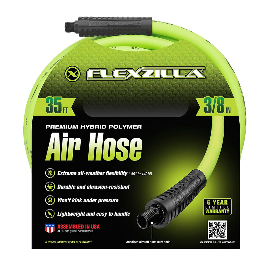 Air Hose Flexzilla, 3/8 in. x 35 ft., 1/4 in. MNPT Fittings, Heavy Duty, Lightweight, Hybrid, ZillaGreen - HFZ3835YW2