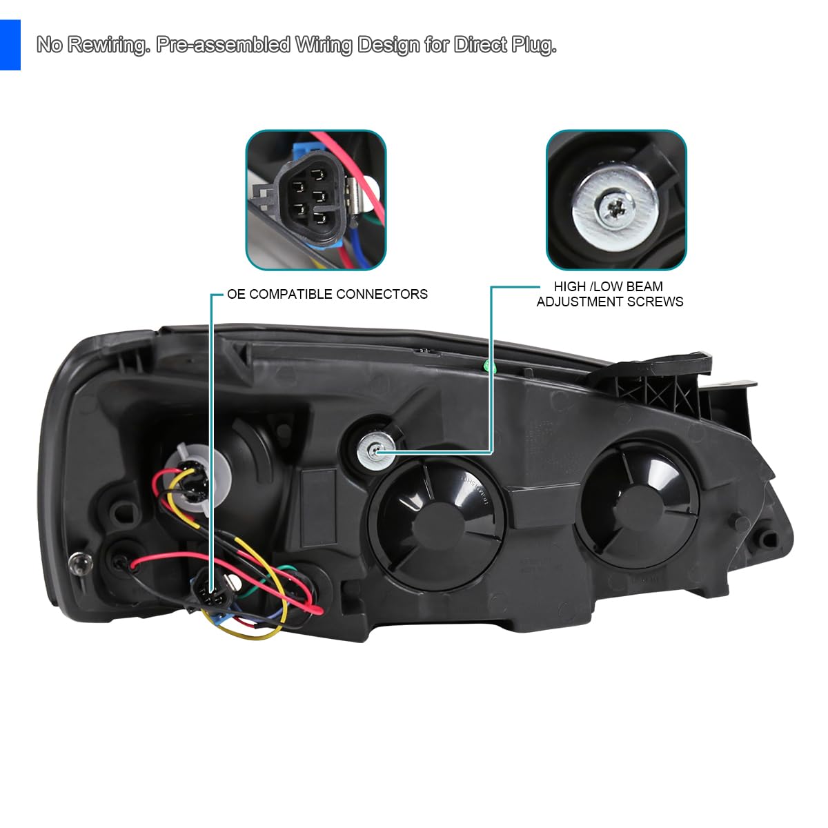 Black Smoke SPEC-D TUNING Projector Headlights w/LEDs Compatible with 2005-2010 Pontiac G6, Left + Right Pair Headlamps Assembly