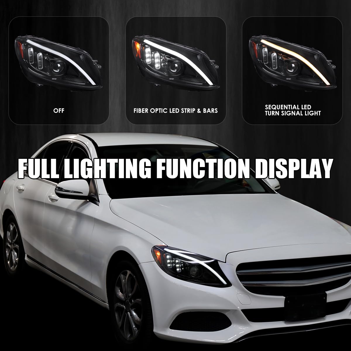 Jet Black SPEC-D TUNING Projector Headlights w/Switchback LED Strips and Sequential Turn Signal Compatible with 2015-2018 Mercedes-Benz C-Class W205