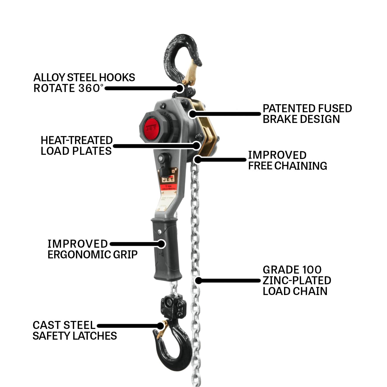 1-Ton JET Lever Hoist, 10' Lift, Overload Protection (JLH-100WO-10)
