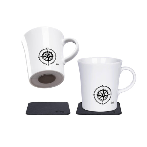 Silwy® Magnetic Handle Porcelain Cups Travel Pleasure (Set of 2) Including Two Metal Nano Gel Pads Black Non-Slip Camping and Caravanning Cups, Boat and Yacht Accessories