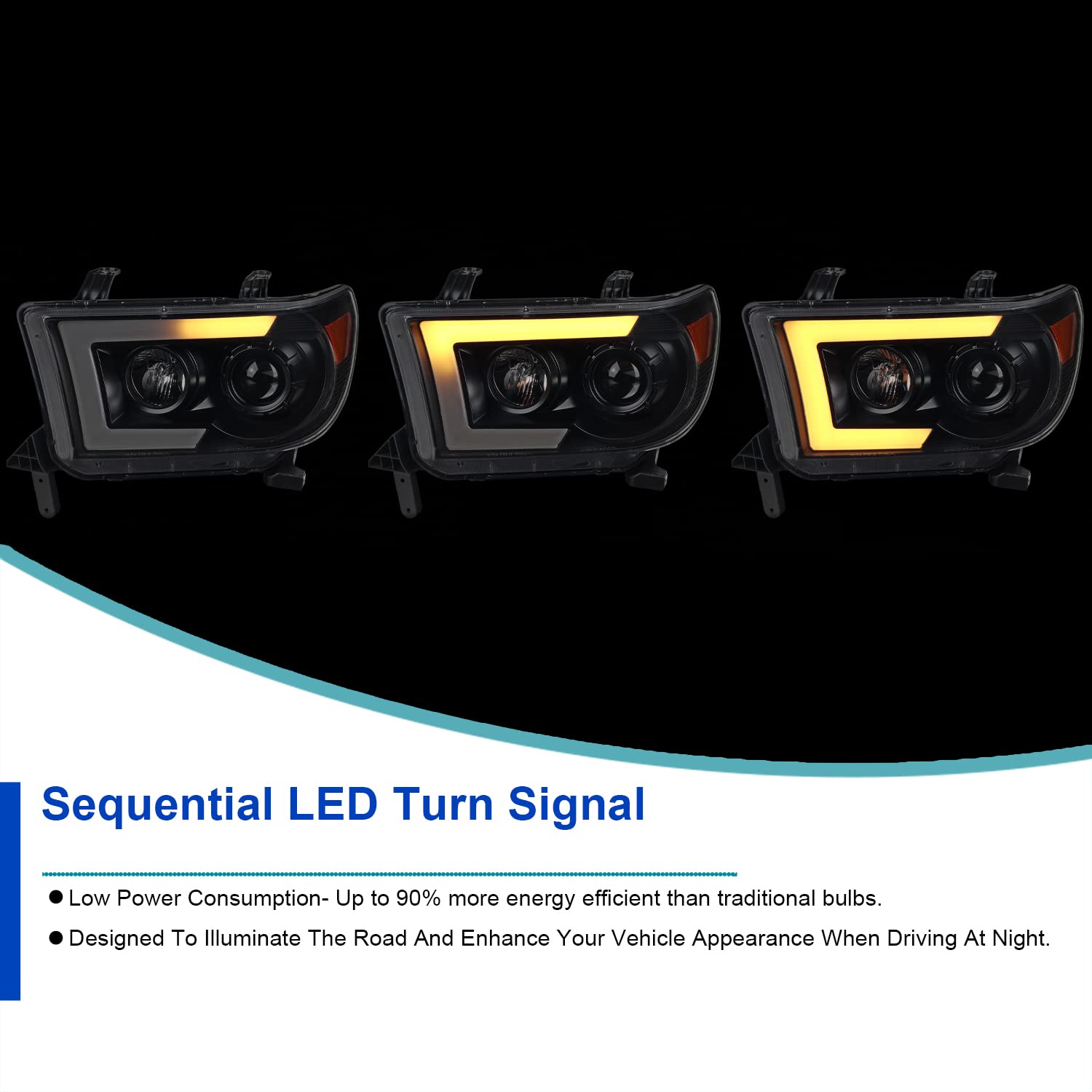 Black Projector Headlights SPEC-D TUNING w/LED Sequential Signal Compatible with 2007-2013 Toyota Tundra, 2008-2017 Toyota Sequoia, Left + Right Pair Headlamps Assembly