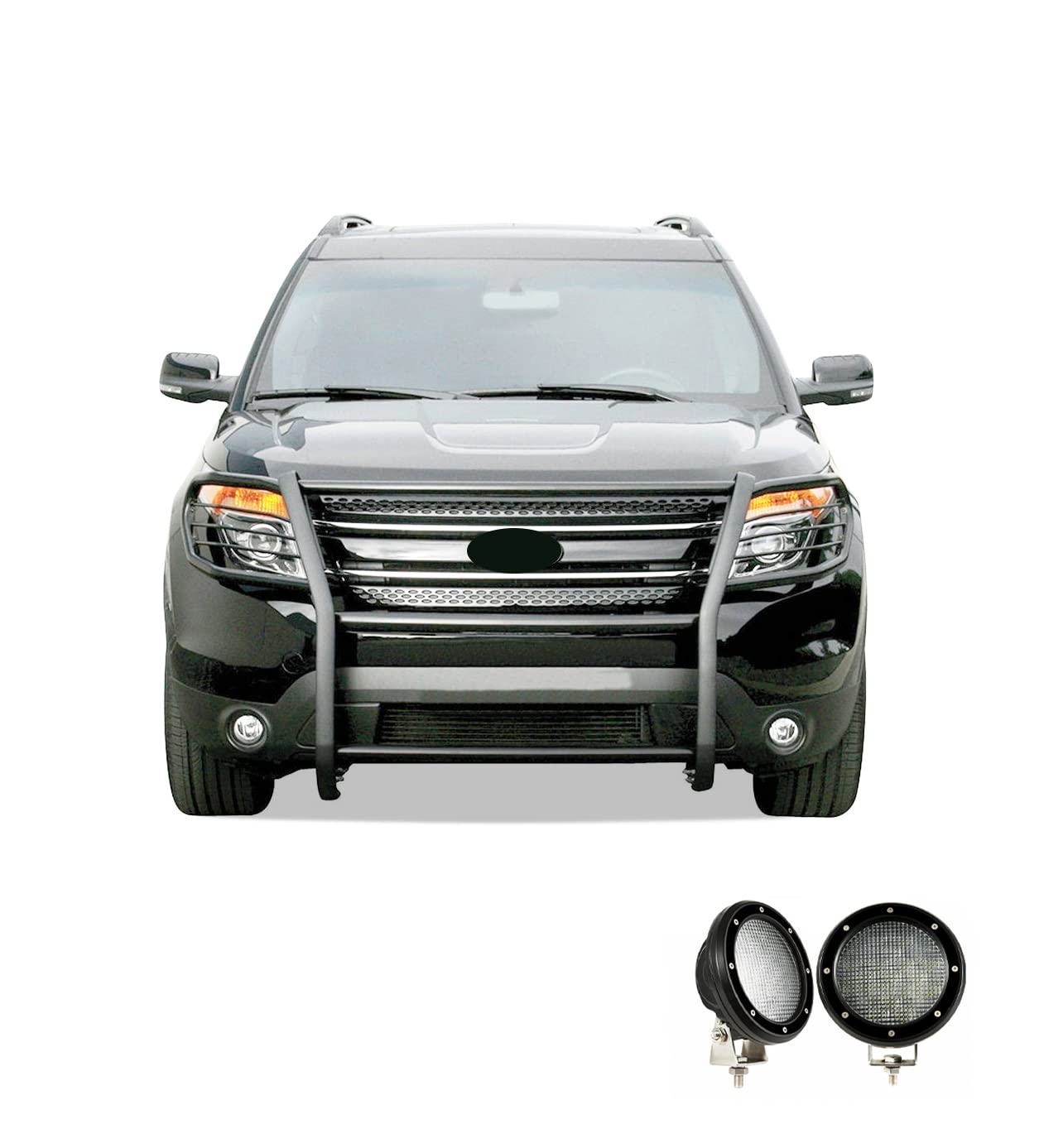 Bumper Guard Black Horse Grille Brush Modular Black Come with Pair of 5.3" Dia.LED Lights with Black Trim Rings Compatible with 2016-2019 Ford Explorer-17FJ30MA-PLFB