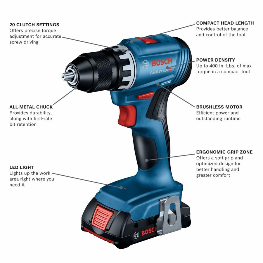 GSR18V-400B12 Bosch 18V Compact Brushless 1/2 In. Drill/Driver Kit with (1) 2 Ah Standard Battery
