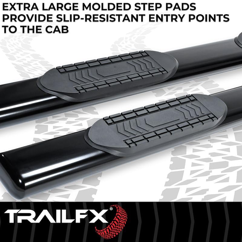 TrailFX Truck A8220B Running Board Fits Chevrolet Silverado 1500 Extended Cab 2007-2018 Oval 6 Inch Straight Side Bars with Step Pads, Black Powder Coated Steel, Welded End Caps, Rocker Panel Mount
