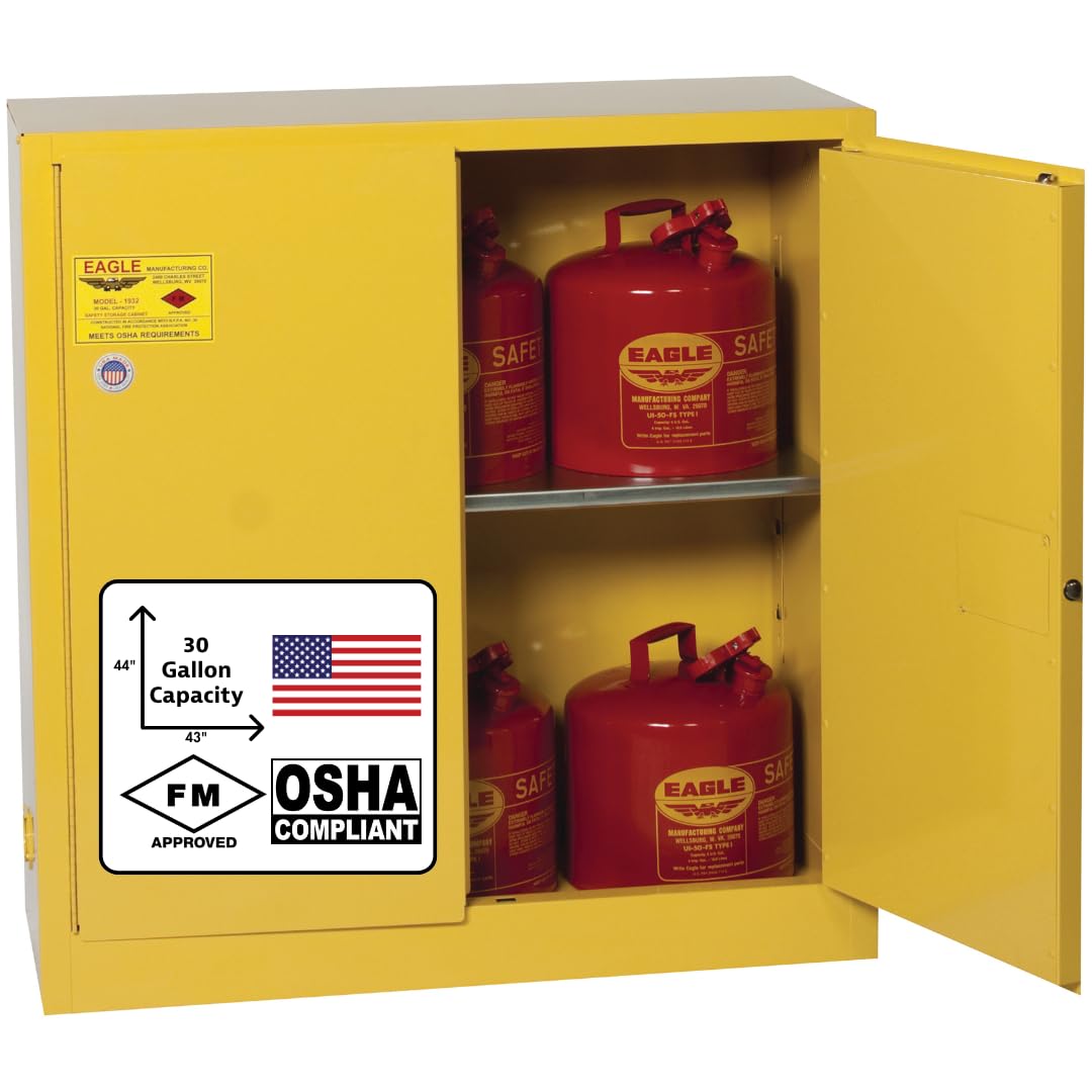 30 Gallon Eagle American Made F﻿lammable Liquid Storage Cabinet, Manual-Close Fireproof Cabinet for Schools, Garages, Manufacturing Facilities, 43" x 18" x 44", 1932X