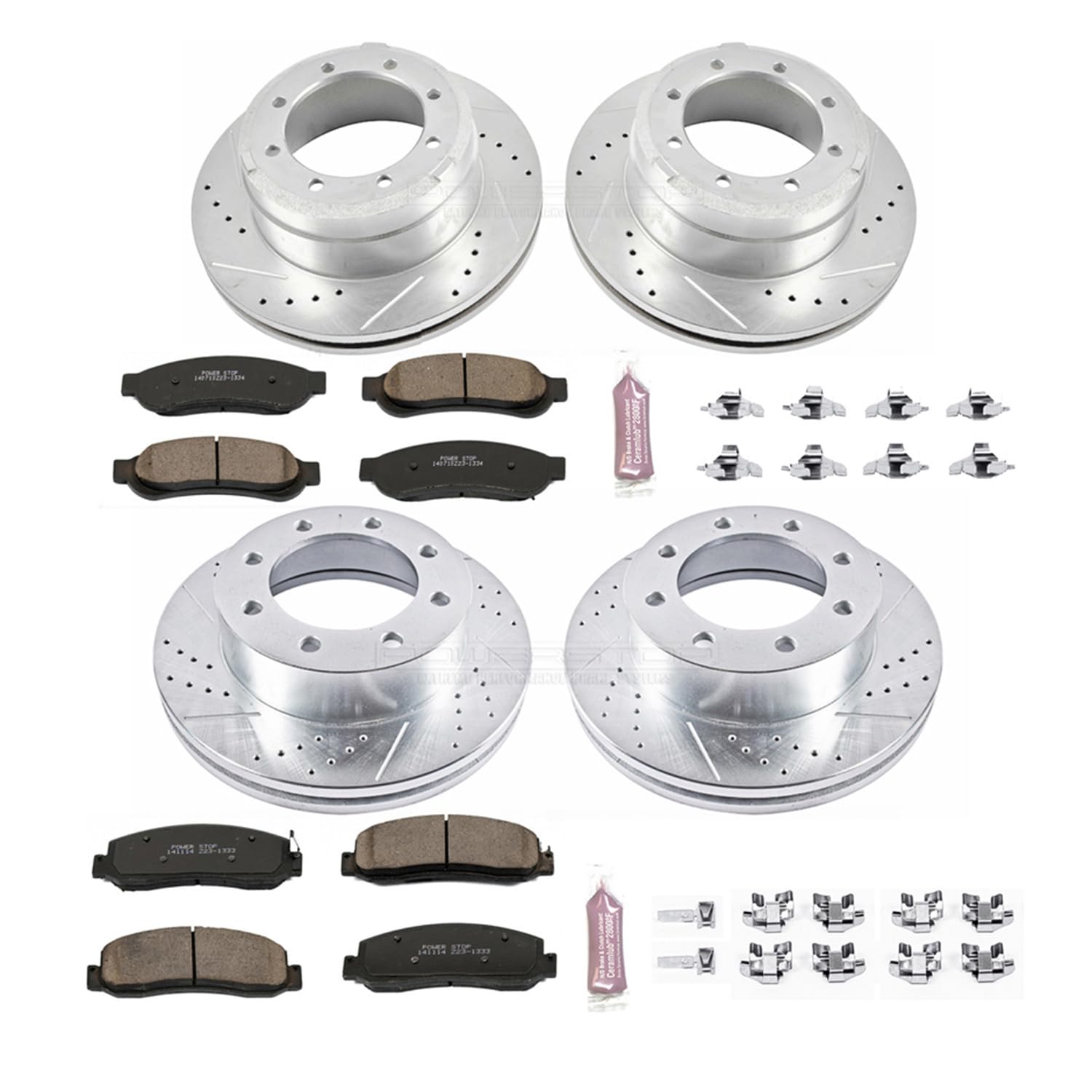 Power Stop K5576 Z23 Carbon Fiber Brake Pads with Drilled & Slotted Brake Rotors Kit Front and Rear For Ford F-350 Super Duty 2011 [Model Specific]