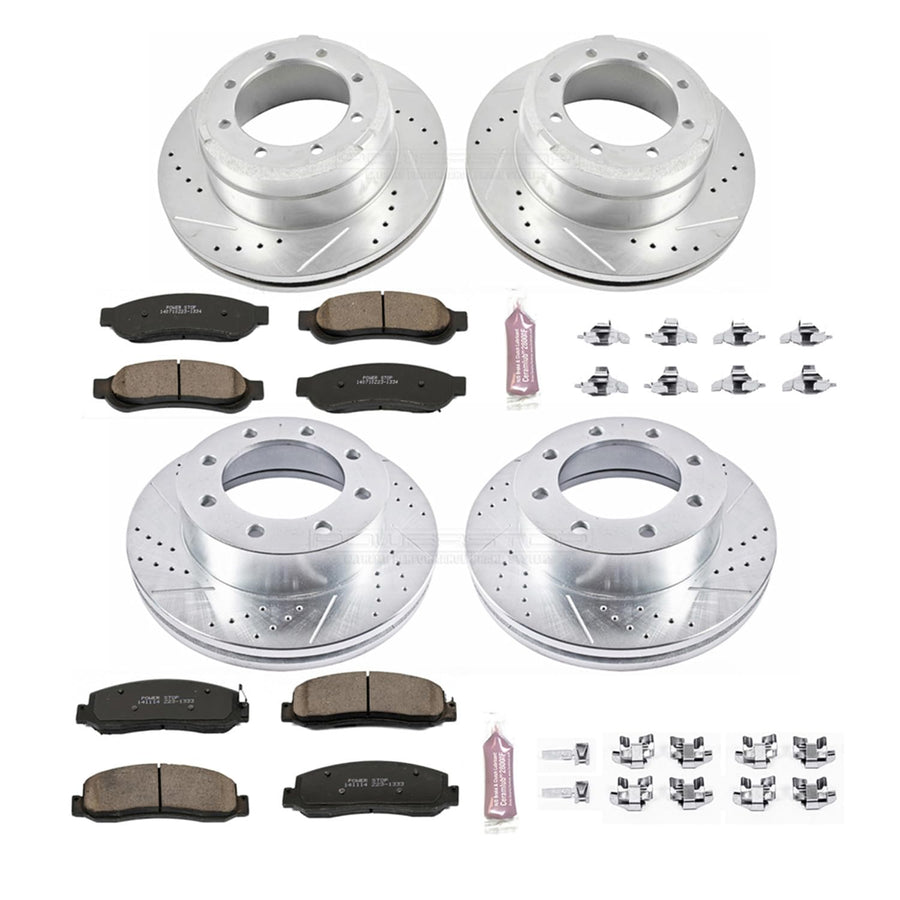 Power Stop K5576 Z23 Carbon Fiber Brake Pads with Drilled & Slotted Brake Rotors Kit Front and Rear For Ford F-350 Super Duty 2011 [Model Specific]