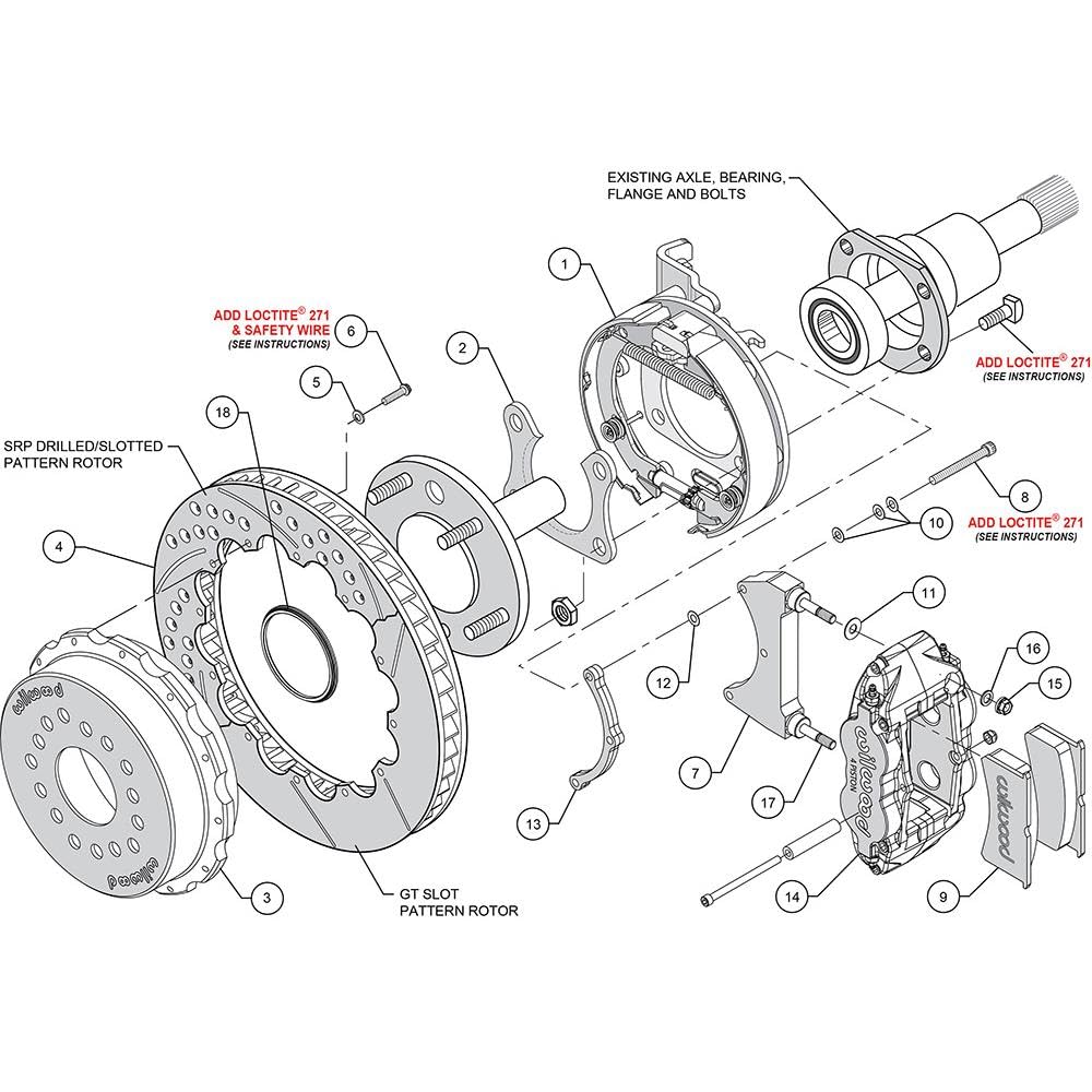 WILWOOD Rear P-Brk Kit,140-9216-DR FNSL4R,12.88", Drilled, Red Small Ford 2.66" Offset