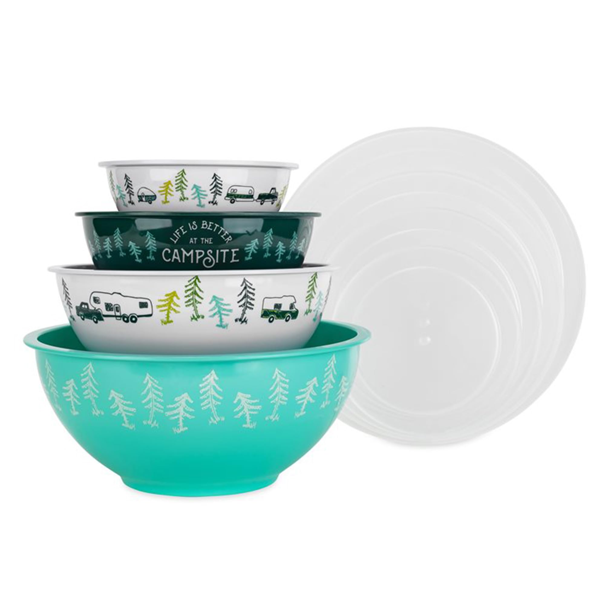 Nesting Bowl Set Camco with Lids - Features Life is Better at The Campsite Design - Camping Dishware Set Includes 4 Durable Melamine Bowls with 4 Plastic Lids - Camping Kitchen Essentials(53451)