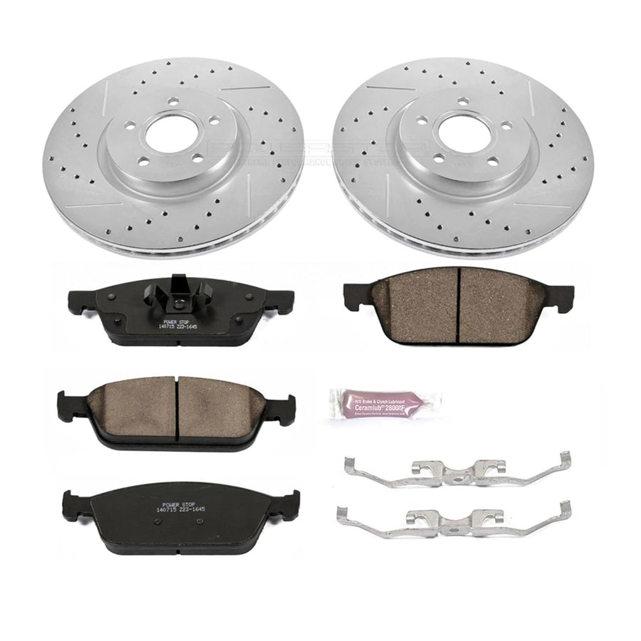 Power Stop K6349 Z23 Carbon Fiber Brake Pads Front with Drilled & Slotted Brake Rotors Kit For Ford Escape 2013-2017, Ford Transit Connect 2014-2018 [Model Specific]
