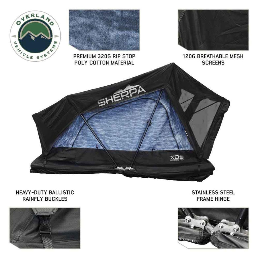 Overland Vehicle Systems XD Sherpa Hybrid Roof Top Tent Soft Shell Aluminum Hard Shell with Blackout Kit - Grey Body & Black Rainfly (XD Sherpa S4S 4 Person Tent)