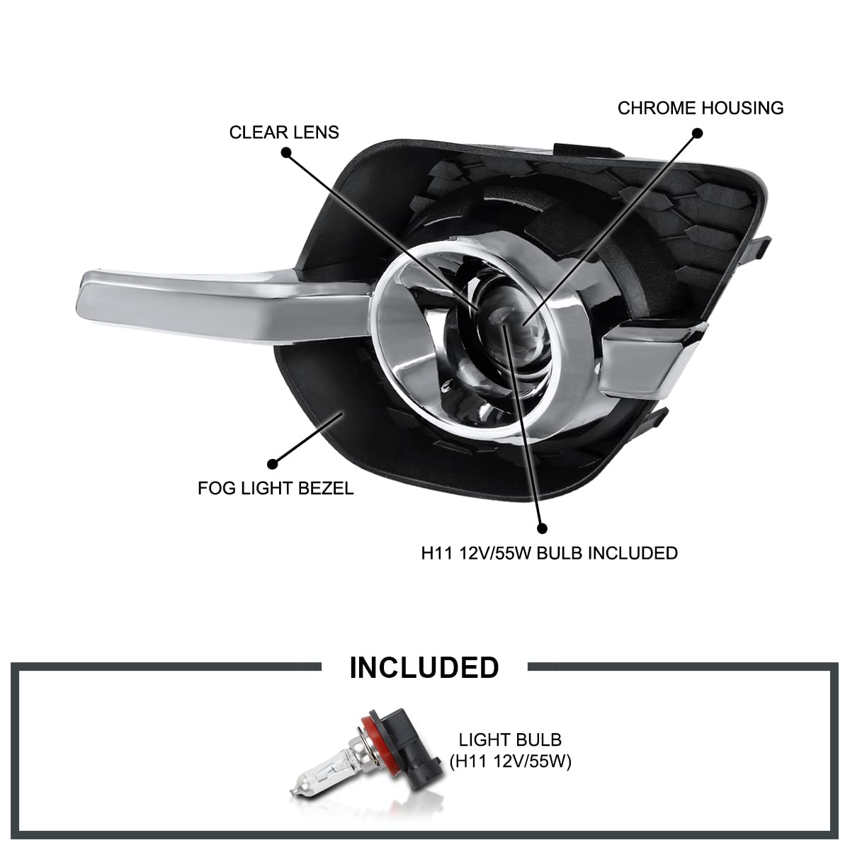 Clear Lens Spec-D Tuning Fog Lights + H11 Bulbs + Switch Included Compatible with Chevy Equinox LT LTZ 2010-2016 L+R Pair Assembly