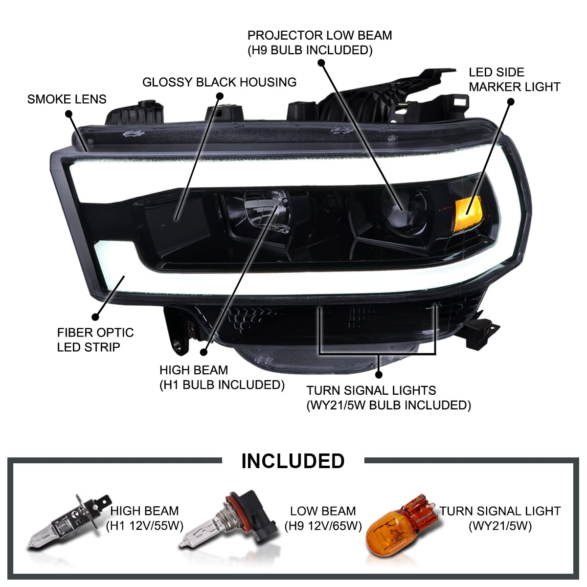 Glossy Black Smoke SPEC-D TUNING Projector Headlights w/LED Bar Compatible with 2019-2024 Dodge Ram 2500, 3500, 4500, Left + Right Pair Headlamps Assembly