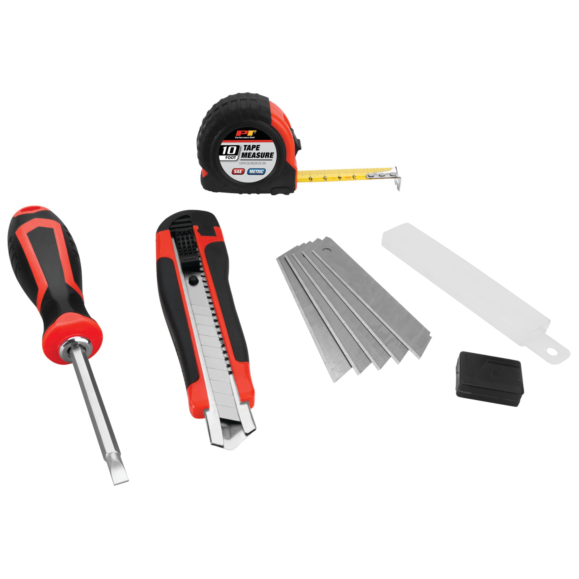 W5049 Performance Tool 4 pc. Tool Set: Features Double-Ended Screwdriver with Phillips #2 and Slotted 3/16-in Ends, 10-ft Tape Measure, 6/1/2-in Utility Knife with 5 Replacement Blades, Red/Black