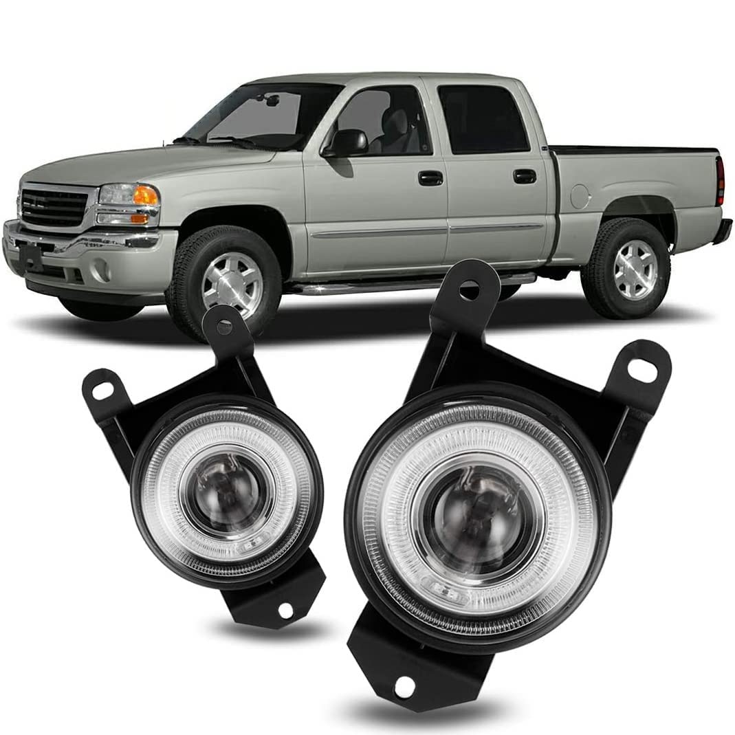 Winjet Fog Lights Fit For GMC [1999-2006 SIERRA 1500 C3/Denali] & [2007 SIERRA 1500 CLASSIC C3/Denali], Halo Ring Projector Fog Lamp For [2001-2005 YUKON C3/Denali] w/H3, Clear Lens