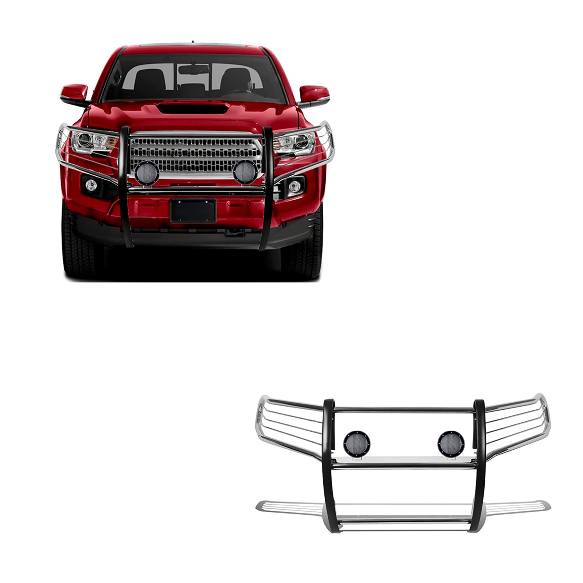 Bumper Guard Black Horse Grille Brush Modular Stainless Steel Come with Pair of 5.3" Dia.LED Lights with Black Trim Rings Compatible with 2016-2023 Toyota Tacoma-17A096402MSS-PLFB