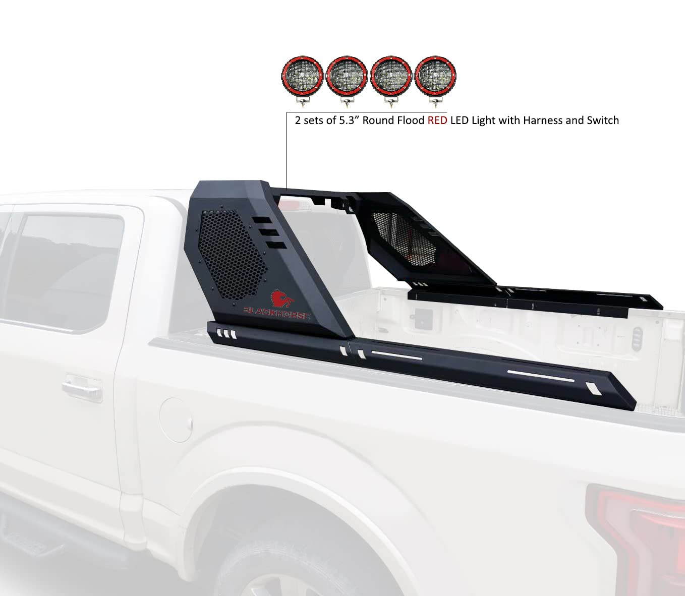 Vigor Roll Bar Black Horse Incl. Set of 5.3" Dia.led Lights w/Red Trim Rings Modular Compatible with 2005-2021 Nissan Frontier-VIRB07B-PLFR