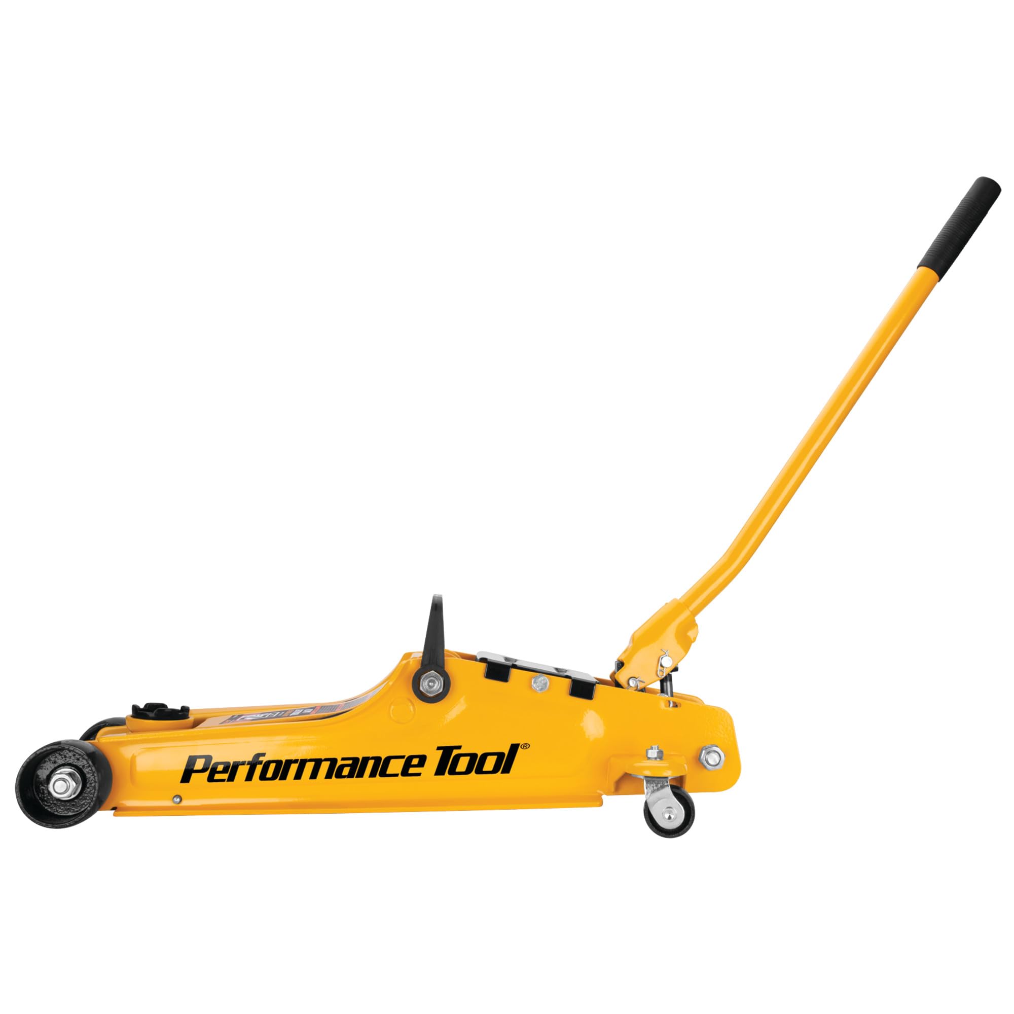 2-1/2 Ton Performance Tool Low-Profile Trolley Jack, Flanged, Powder-Coated Steel, Swivel Wheels, Carry Handle, Portable, Yellow/Black