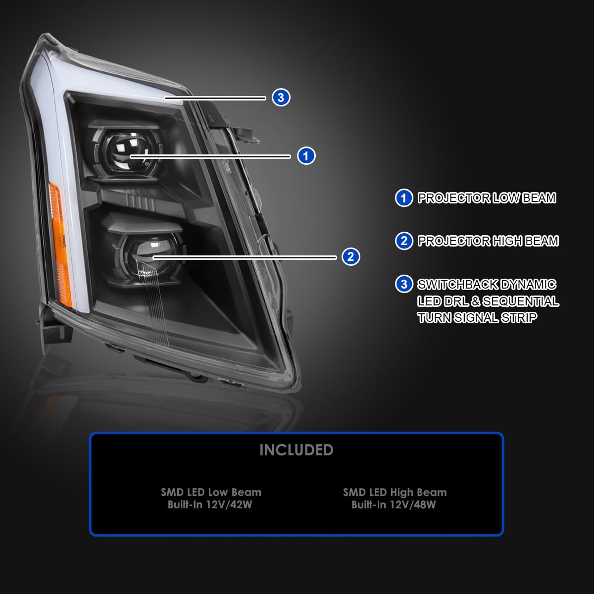 Full LED Projector Headlights SPEC-D TUNING w/LED DRL Light Bar, Sequential Signal, and Startup Animation Compatible with 2010-2016 Cadillac SRX, Left + Right Pair Headlamps Assembly