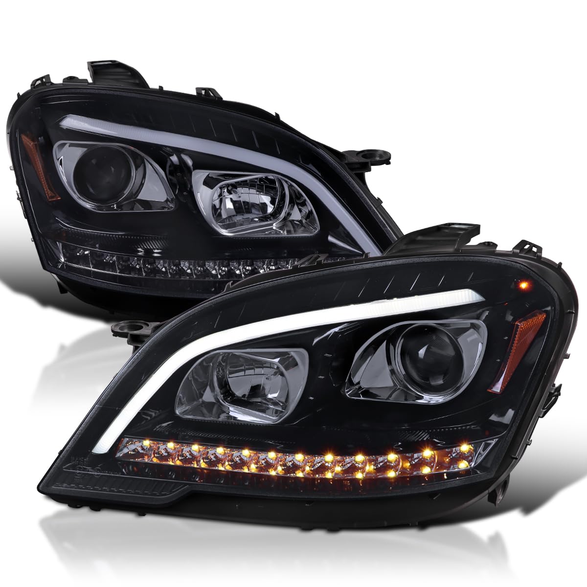 Smoke SPEC-D TUNING Projector Headlights with LED Sequential Turn Signals Compatible with 2009-2011 Mercedes Benz W164 ML320, Left + Right Pair Headlamp Assembly