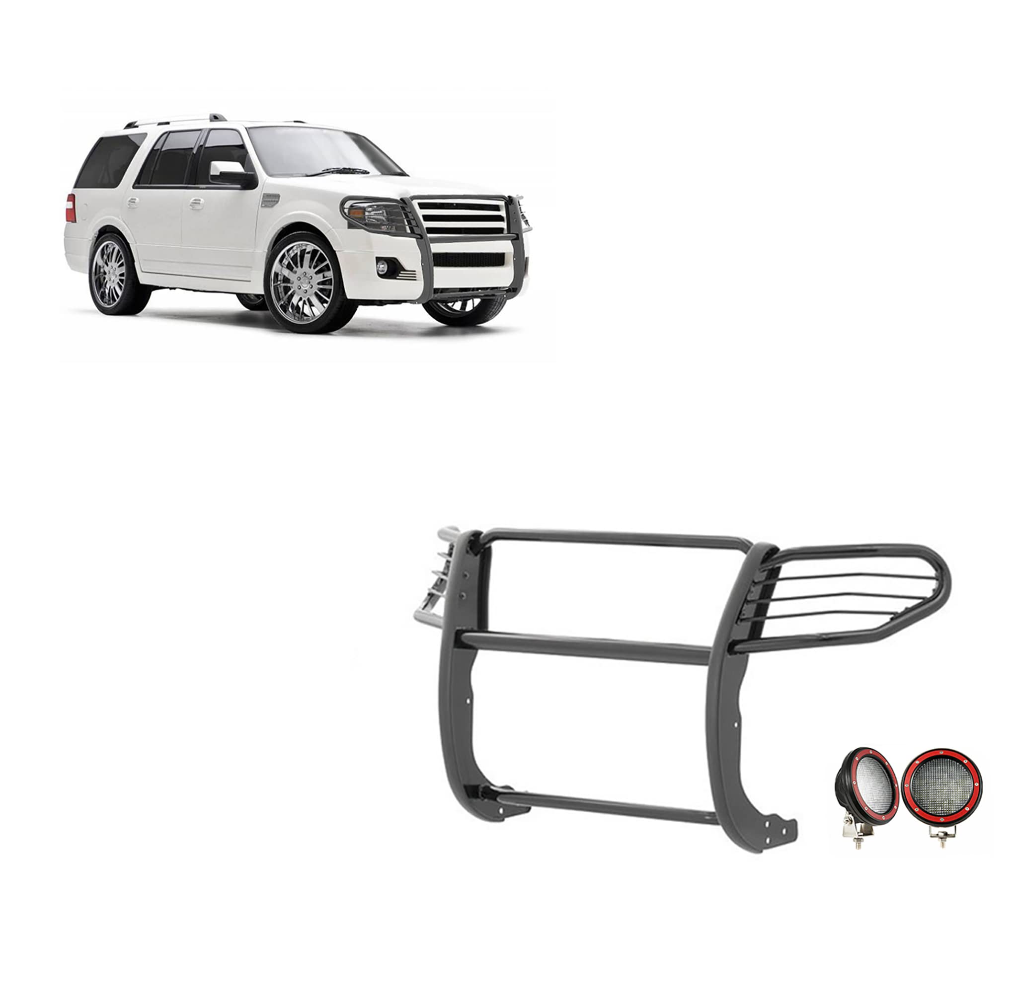 Grille Brush Black Horse Bumper Guard Modular Semi-Gloss Black Come with Pair of 5.3" Dia.LED Lights with Red Trim Rings Compatible with 2007-2014 Ford Expedition-17FP31MA-PLFR