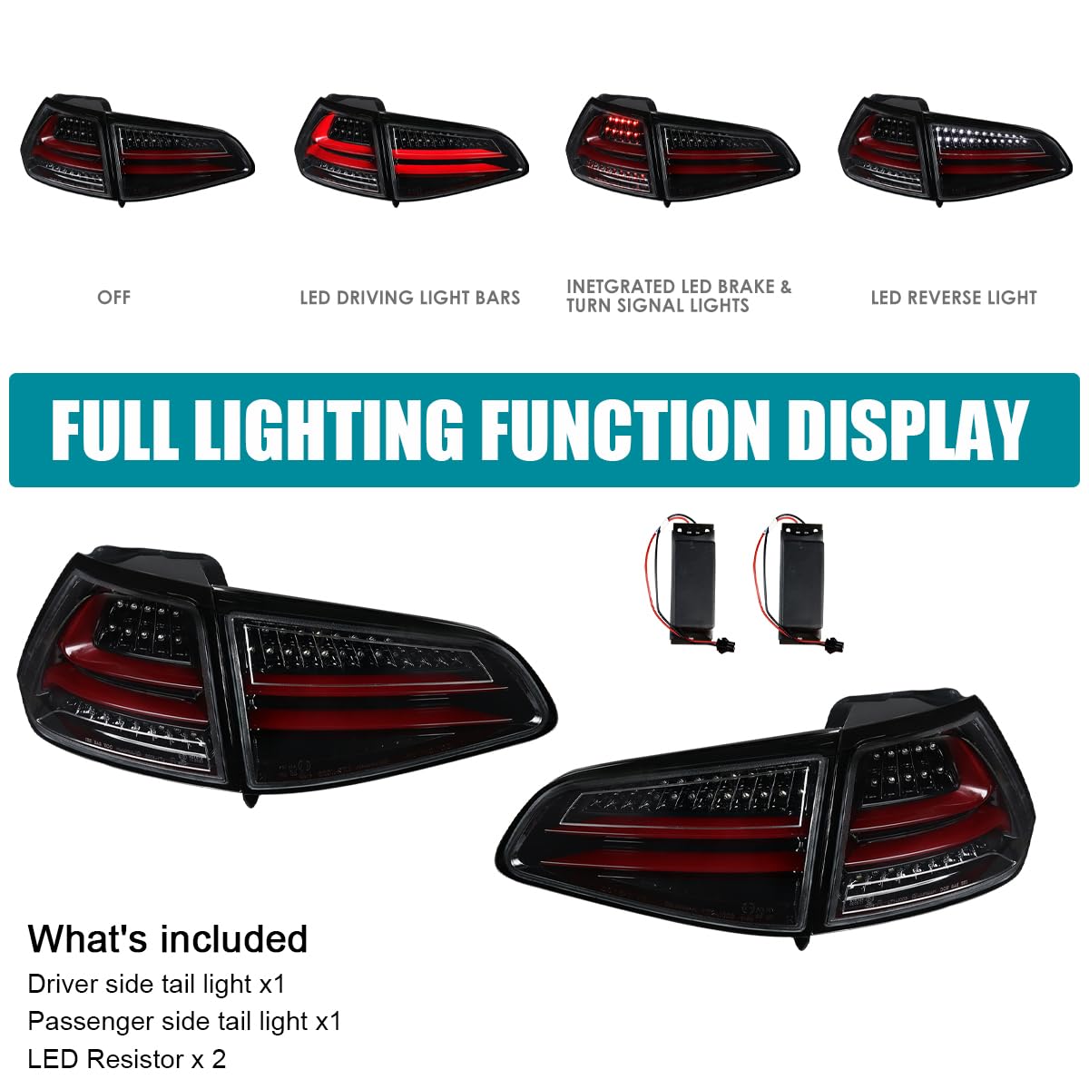 Jet Black Housing SPEC-D TUNING Red LED Bar Tail Lights Compatible with 2015-2017 Volkswagen Golf GTI Models, Left + Right Pair Assembly