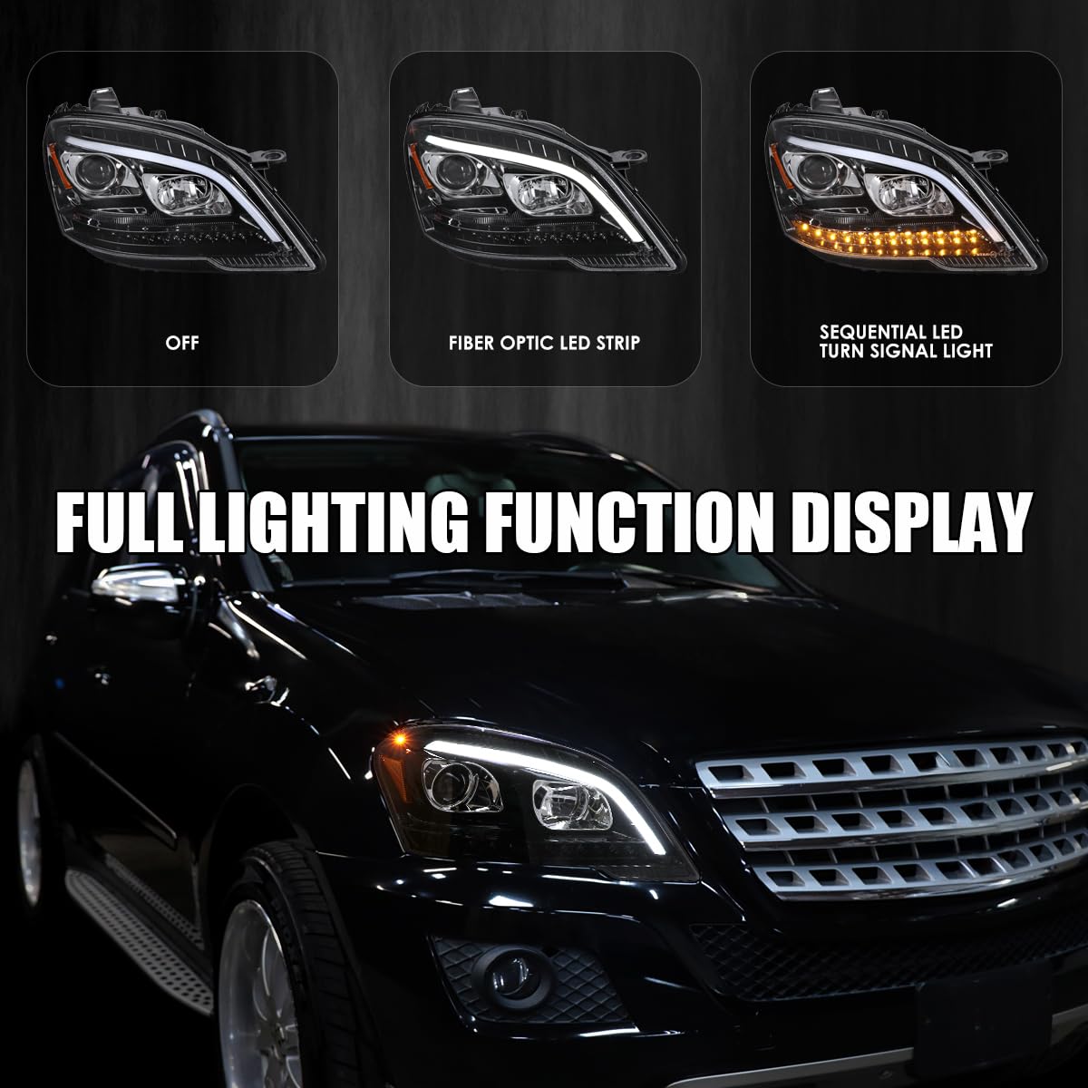 SPEC-D TUNING Projector Headlights Glossy Black with LED Sequential Turn Signals Compatible with 2009-2011 Mercedes Benz W164 ML320, Left + Right Pair Headlamp Assembly