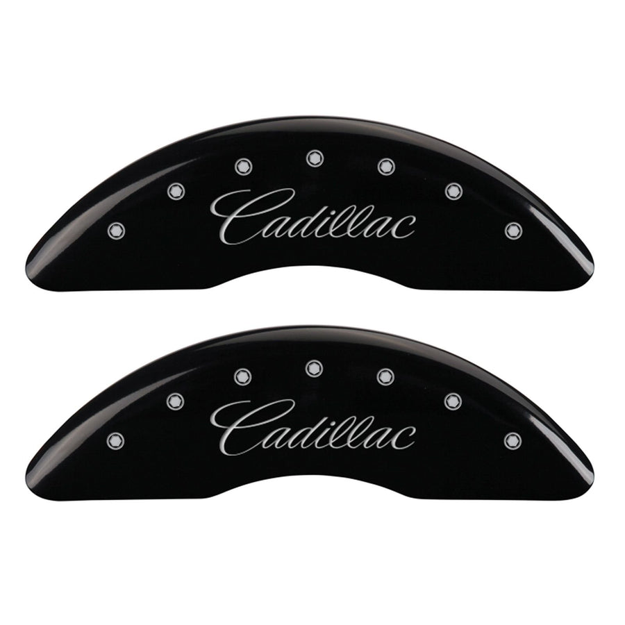 Brake Caliper Covers MGP for Cadillac CTS 2024-2017, Black Powder Coat Finish Engraved Cursive Logo, Front and Rear Caliper Cover (Set of 4)