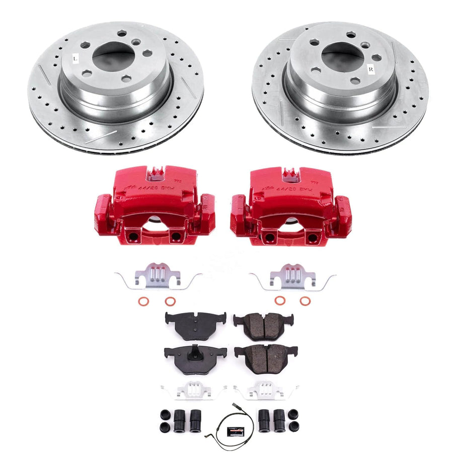 Power Stop Z23 Daily Driver Rear Brake Caliper Kit-Drilled/Slotted Rotor, Brake Pads & Calipers and 1 Rear Sensor Wire For BMW X5 2007-2010, BMW X6 2009-2010 [Model Specific]