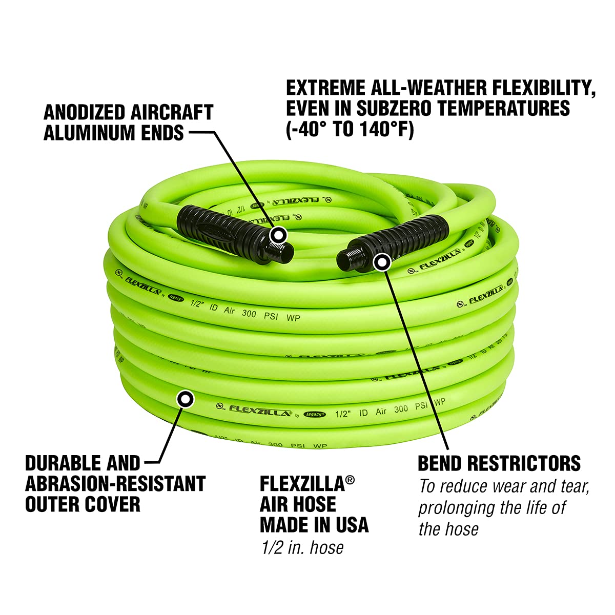 Flexzilla Air Hose, 100 ft. x 1/2 in., 1/2 in. MNPT Fittings, Heavy Duty, Lightweight, Hybrid, ZillaGreen - HFZ12100YW4