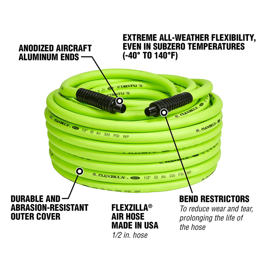 Flexzilla Air Hose, 100 ft. x 1/2 in., 1/2 in. MNPT Fittings, Heavy Duty, Lightweight, Hybrid, ZillaGreen - HFZ12100YW4