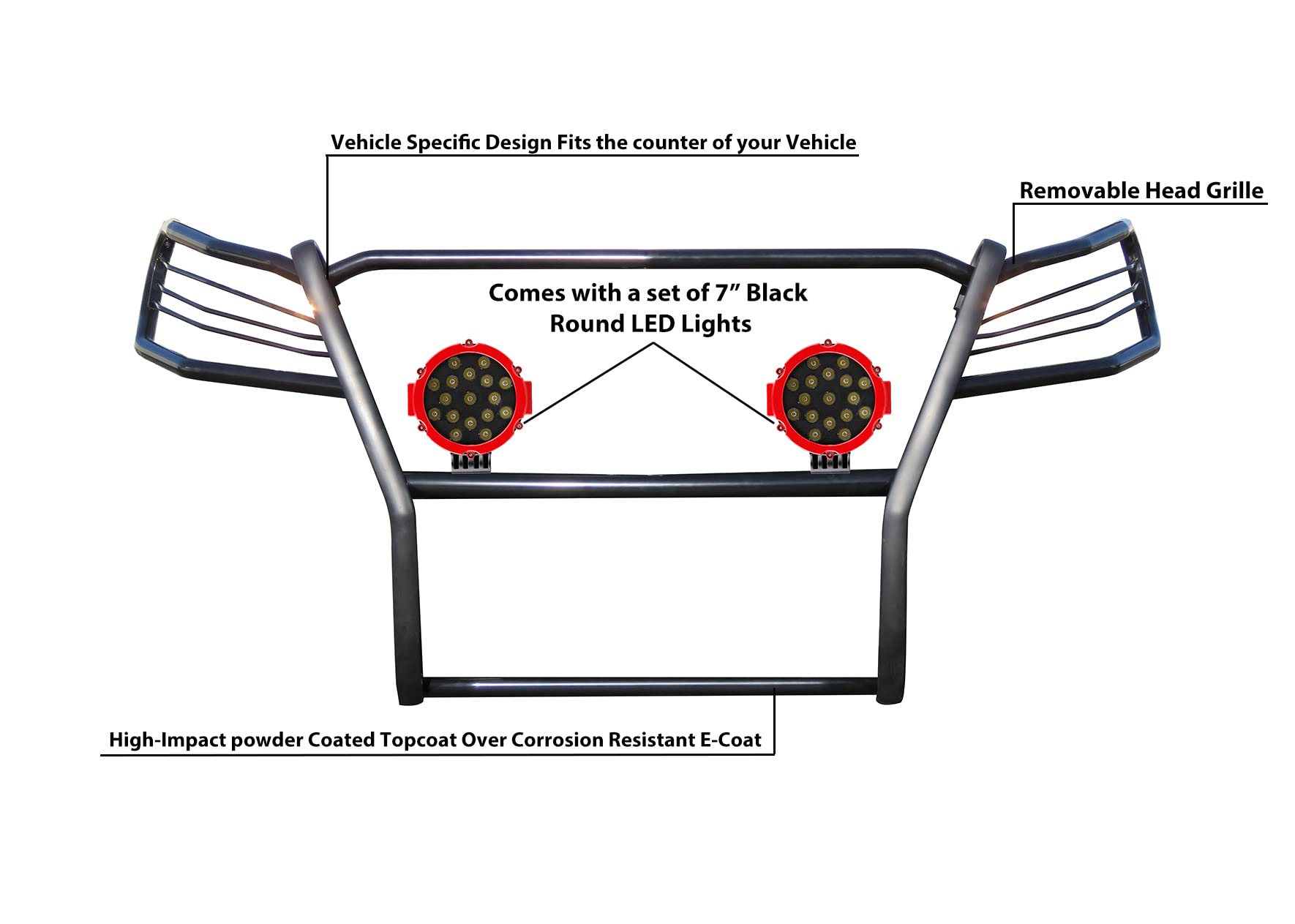 Bumper Guard Modular Black Black Horse Grille brush Come With pair of 7.0"Dia.LED Lights with Red Trim Rings Compatible with 2019-2023 Ford Ranger-17FP10MA-PLR