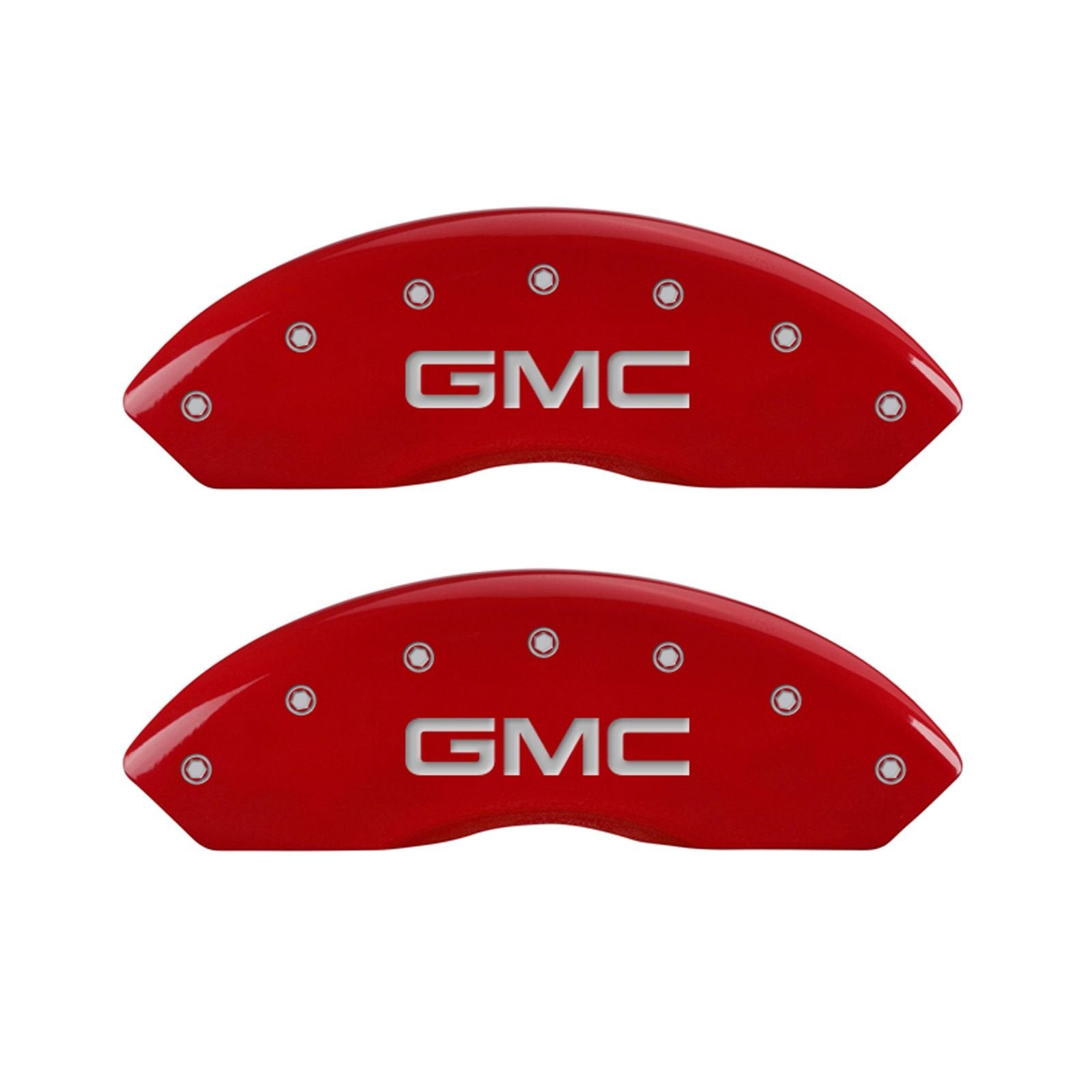 Caliper Covers MGP 34212SGMCRD (Red Powder Coat Finish, Engraved Front and Rear: GMC, Silver Characters, Set of 4)