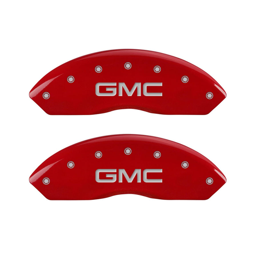 Caliper Covers MGP 34212SGMCRD (Red Powder Coat Finish, Engraved Front and Rear: GMC, Silver Characters, Set of 4)