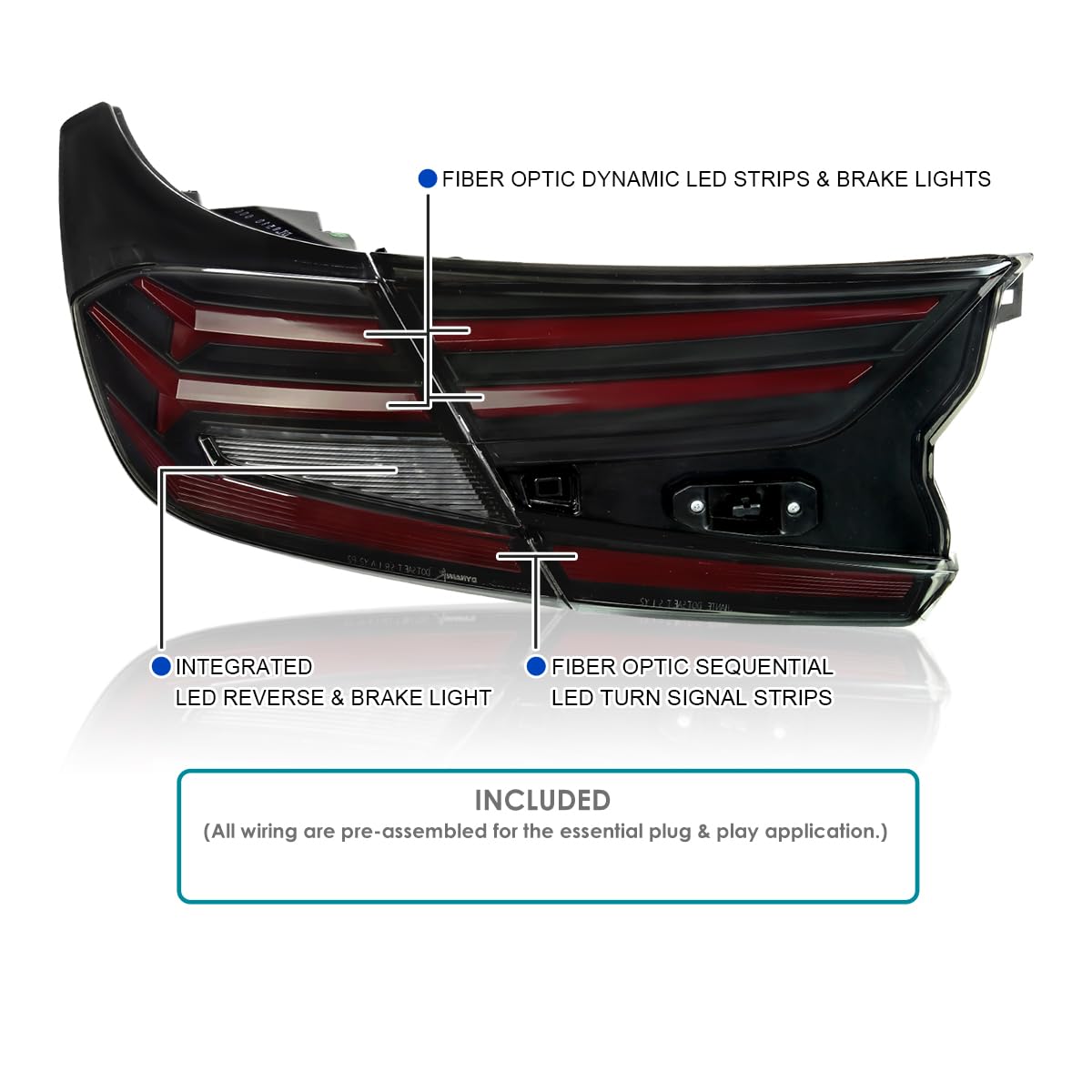 Black Smoke LED Sequential Tail Lights SPEC-D TUNING w/Red Light Bars and Startup Animation Compatible with 2018-2022 Honda Accord 4Dr Sedan, Left + Right Pair Assembly