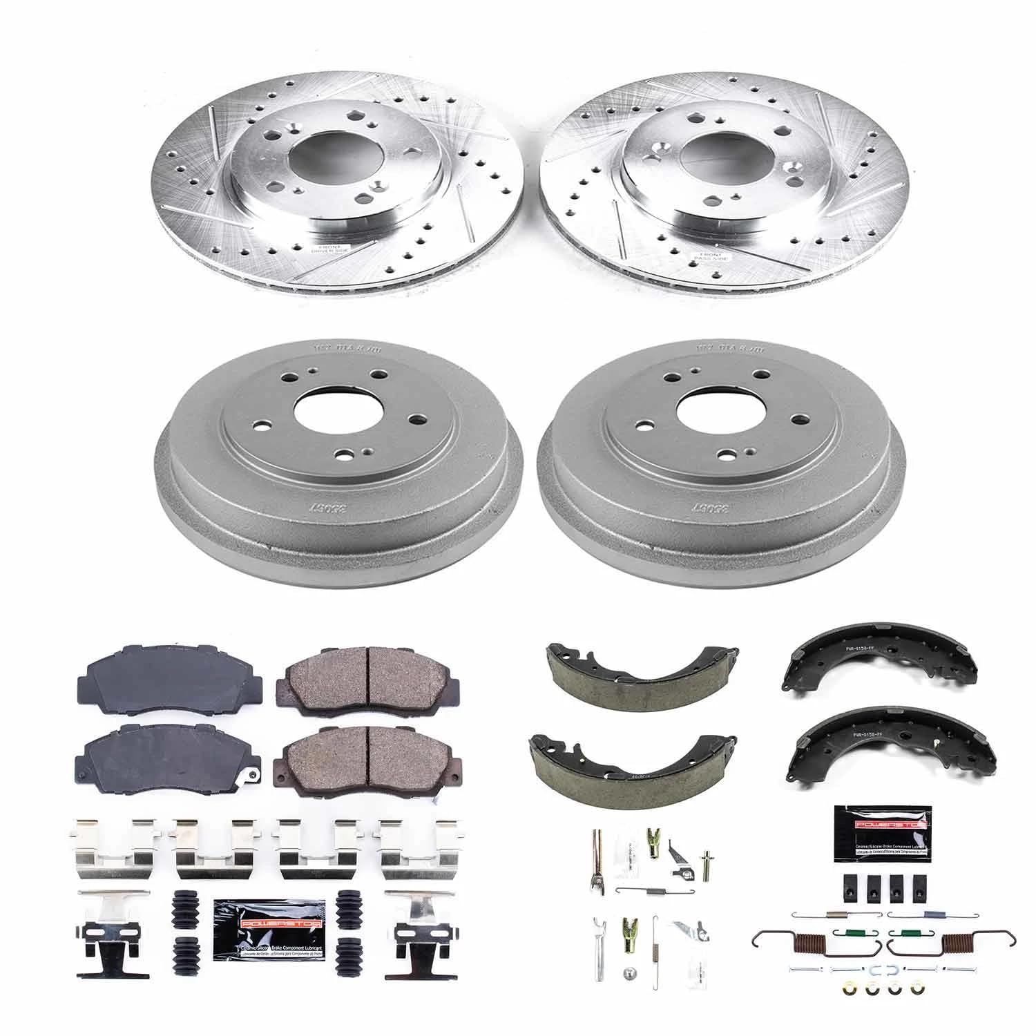 Power Stop K15114DK Z23 Carbon Fiber Brake Pads Front and Rear with Drilled & Slotted Brake Drums Kit For Honda CR-V 1997-2001 [Model Specific]