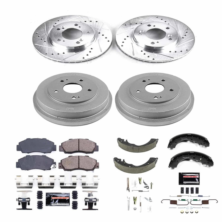 Power Stop K15114DK Z23 Carbon Fiber Brake Pads Front and Rear with Drilled & Slotted Brake Drums Kit For Honda CR-V 1997-2001 [Model Specific]