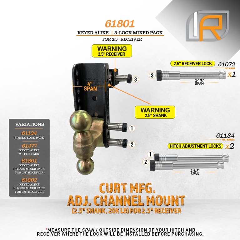3 Pack Mixed 2.5, Keyed Alike, Hitch Locks for CURT 20K LB Adjustable Channel Mount 2.5" Hitch - Includes Lock for Receiver 2.5"