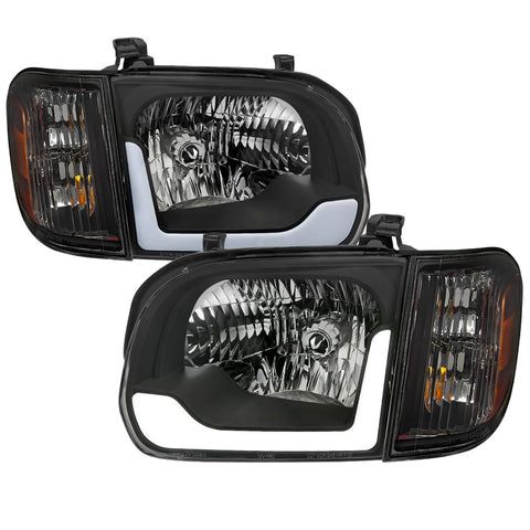 Black LED Tube Headlights + Corner Lights SPEC-D TUNING Compatible with 2005-2006 Toyota Tundra, Left + Right Pair Headlamps Assembly