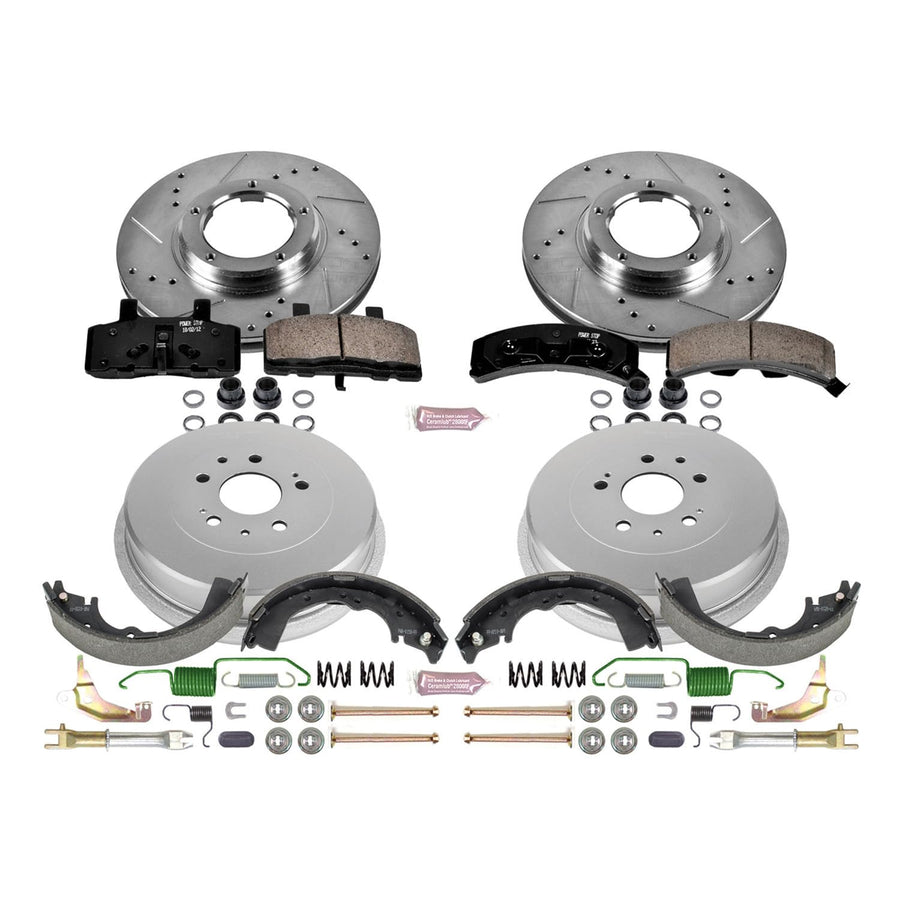 Power Stop K15039DK Z23 Carbon Fiber Brake Pads Front and Rear with Drilled & Slotted Brake Drums Kit For Toyota Tacoma 1995-2004 [Model Specific]