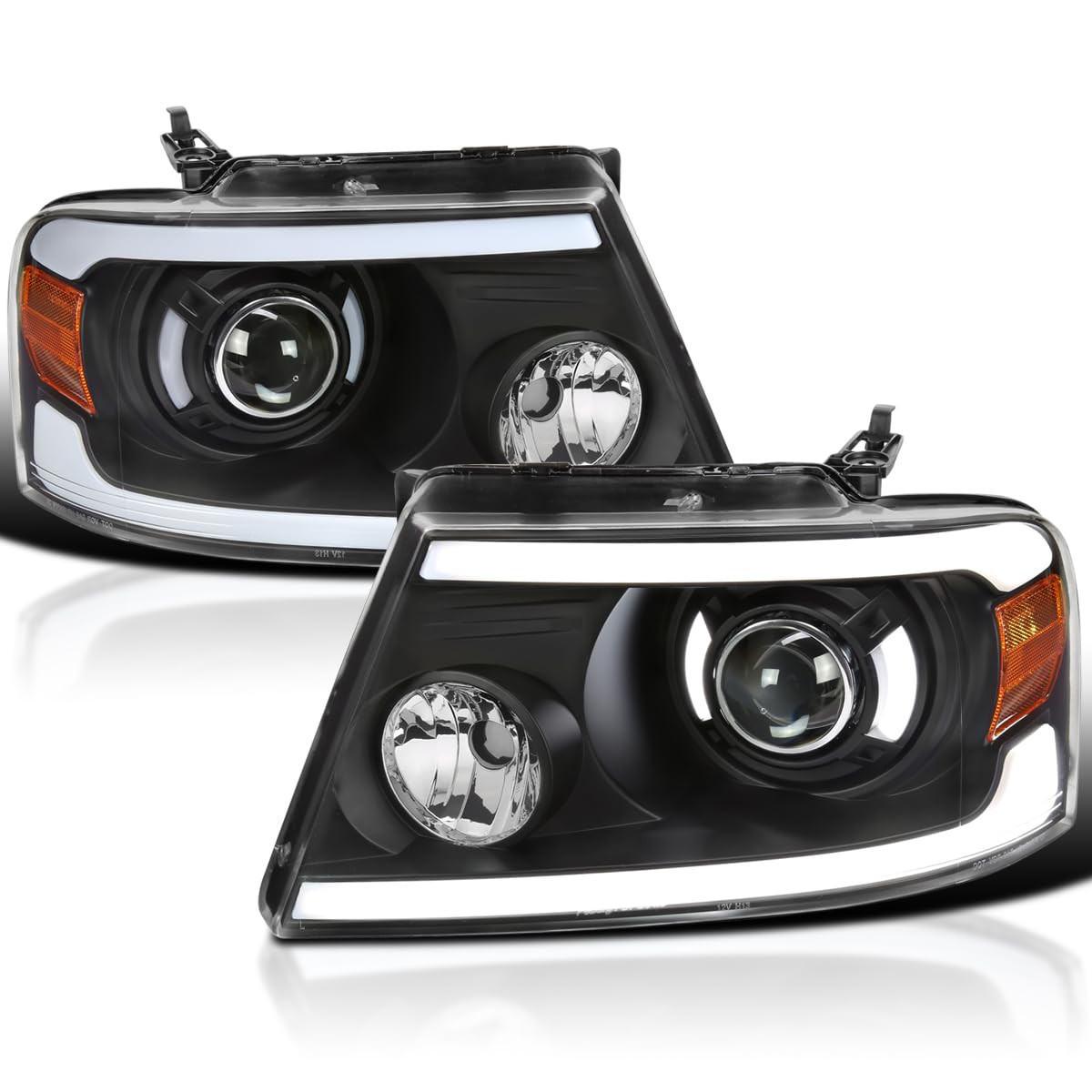 Black LED Tube Bar Projector Headlights SPEC-D TUNING Compatible with 2004-2008 Ford F-150, 2006-2008 Lincoln Mark LT, Left + Right Pair Headlamps Assembly