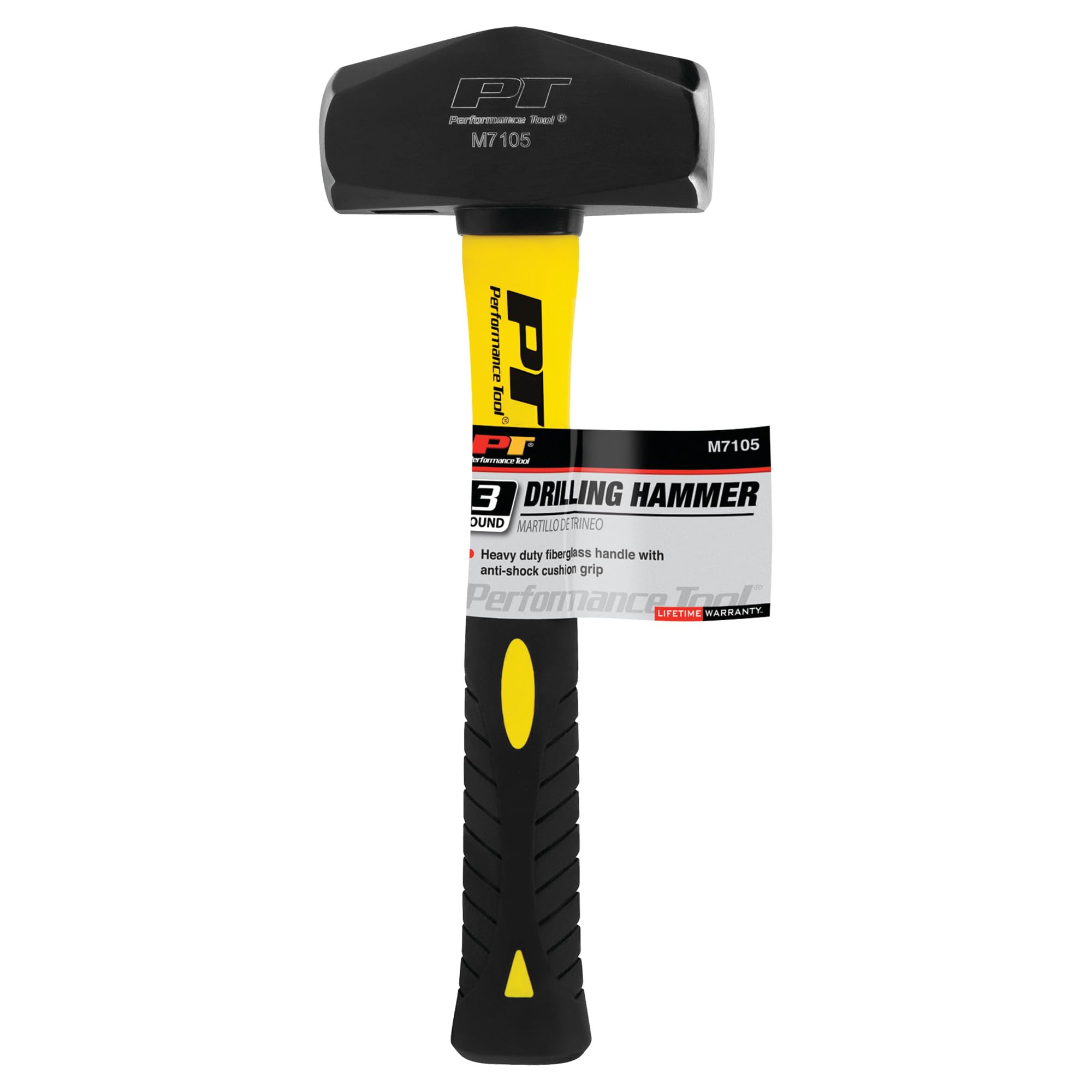 Heavy Duty Performance Tool M7105 Fiberglass Handle Hammer with Anti-Shock Rubber Cushion Grip and Mirror Polished Striking Face, 11-Inch Handle