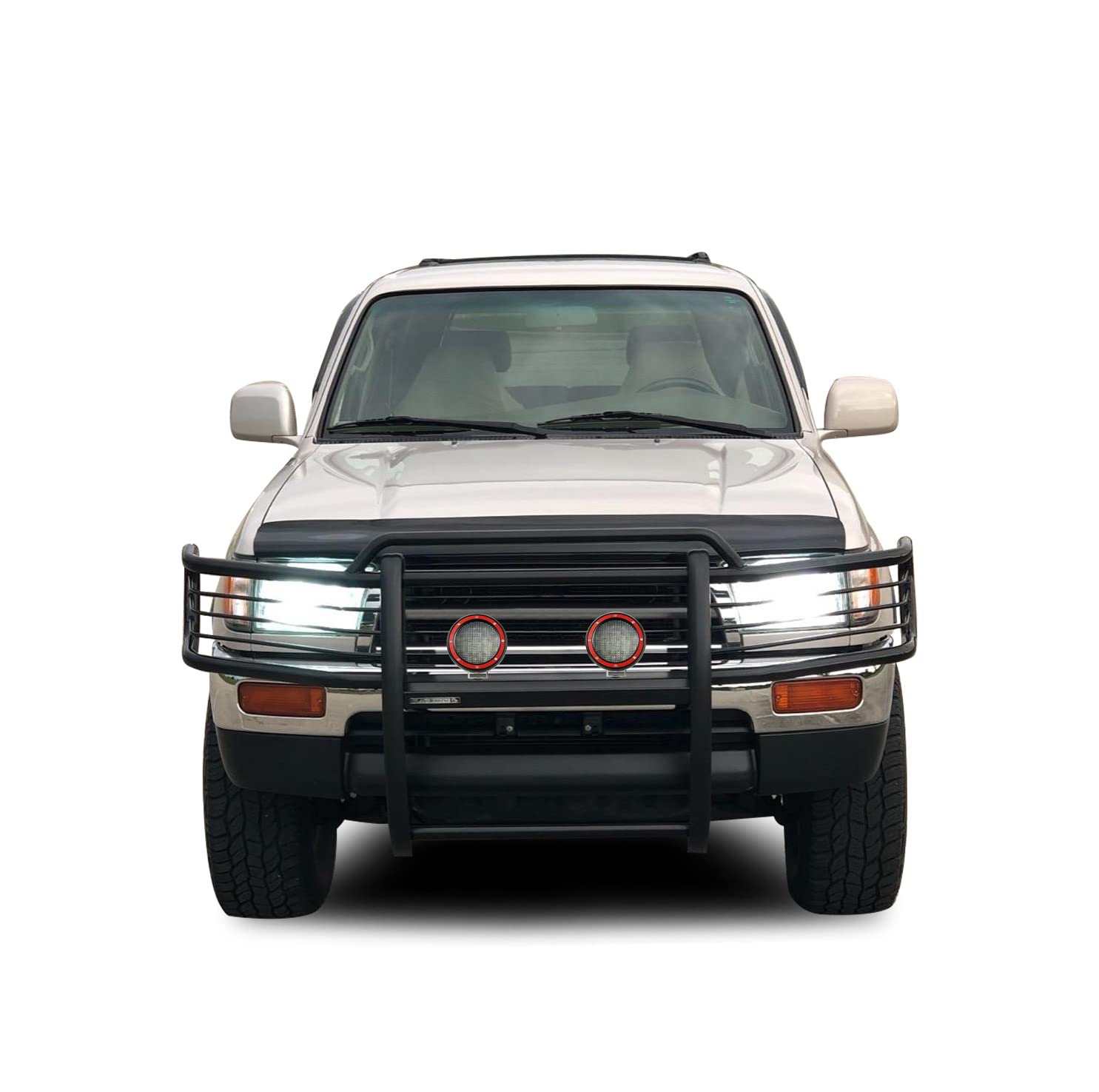 Bumper Guard Black Horse Grille Brush Modular Black Come with Pair of 5.3" Dia.LED Lights with Red Trim Rings Compatible with 1996-1998 Toyota 4Runner|1998-2000 Toyota Tacoma-17T80202MA-PLFR