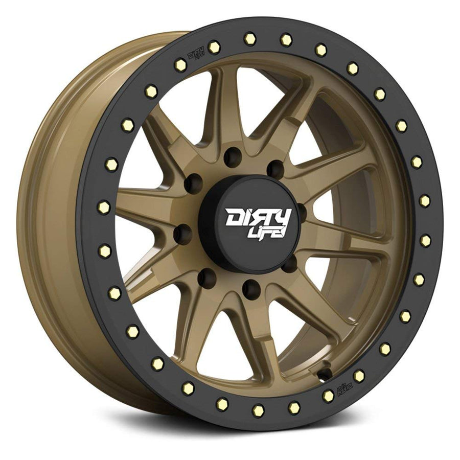 Dirty Life DT-2 Satin Gold Wheel W/Simulated Ring with Alloy Steel (17 x 9. inches /6 x 106 mm, -12 mm Offset)