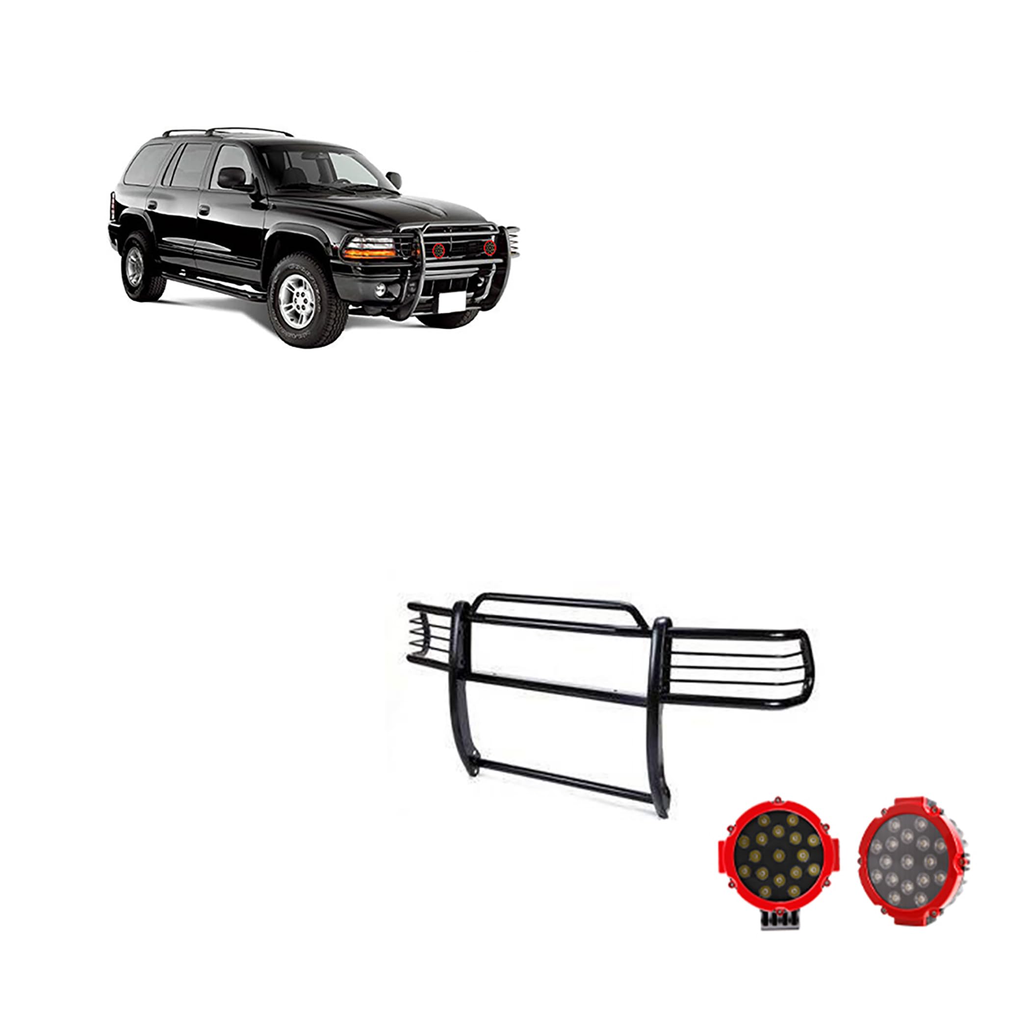 Bumper Guard Black Horse Grille brush Modular Come With pair of 7.0"Dia.LED Lights with Red Trim Rings Compatible with 1997-2004 Dodge Dakota|2000-2003 Dodge Durango-17BH23MA-PLR