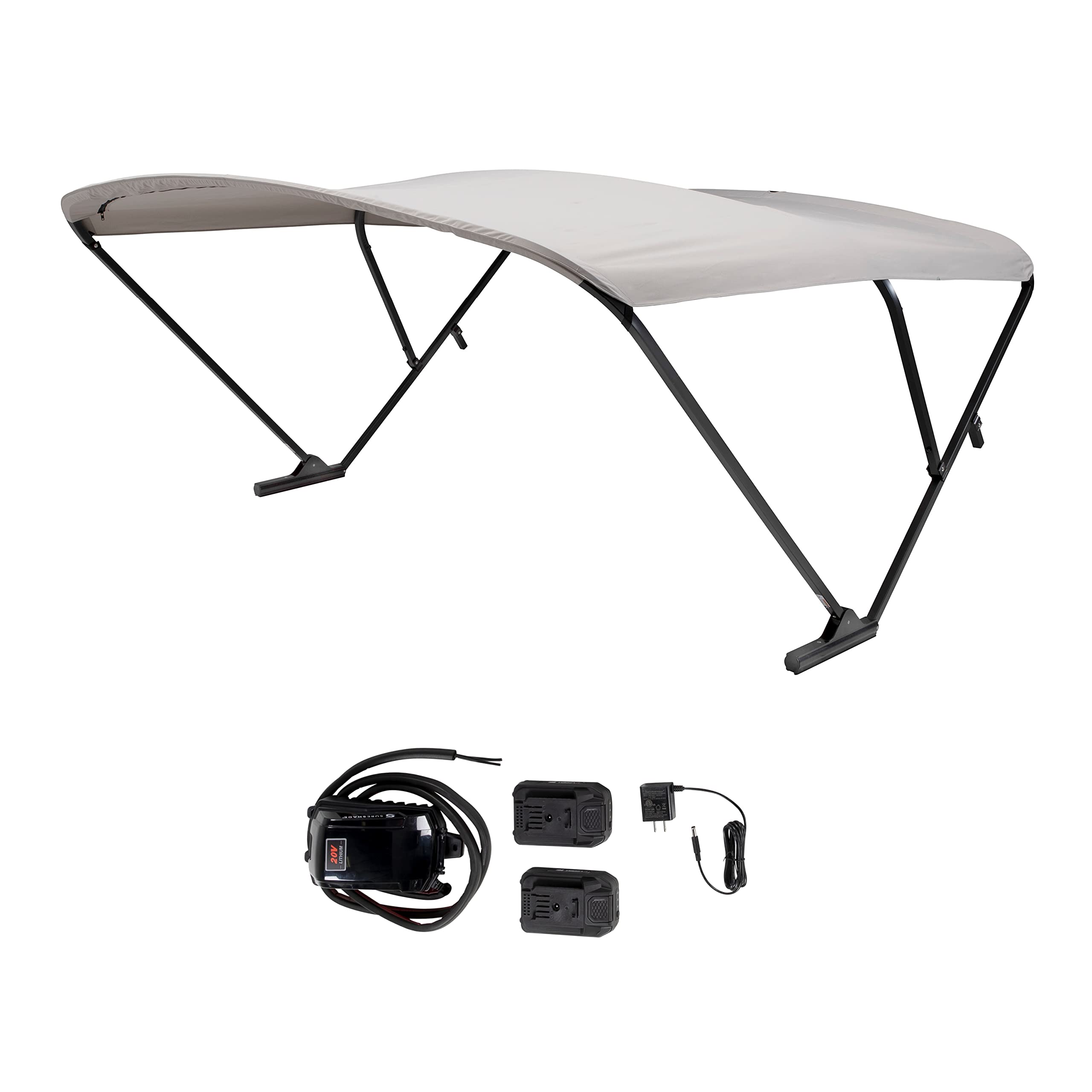 SureShade Electric Bimini Power Shade System for Pontoon Boats with Manual or No Biminis, 92-102" Wide, 20V Powered, Fade-Resistant Fabric, Black Anodized Frame, Grey - 2021133093