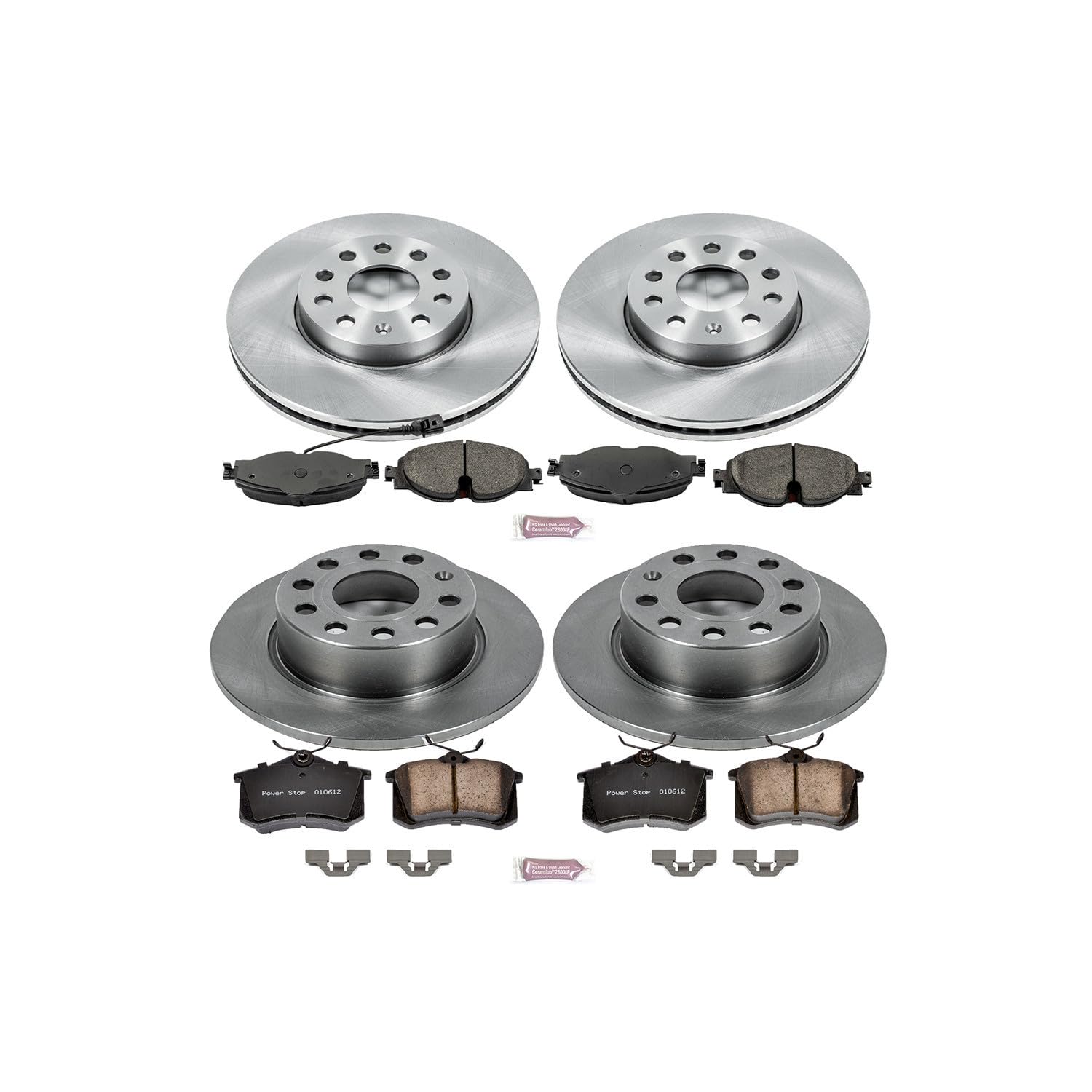 Power Stop KOE7109 Replacement Brake Kit-OE Front and Rear Brake Rotors & Ceramic Brake Pads and 1 Front Sensor Wire For VW G, VW Golf SportW [Model Specific]